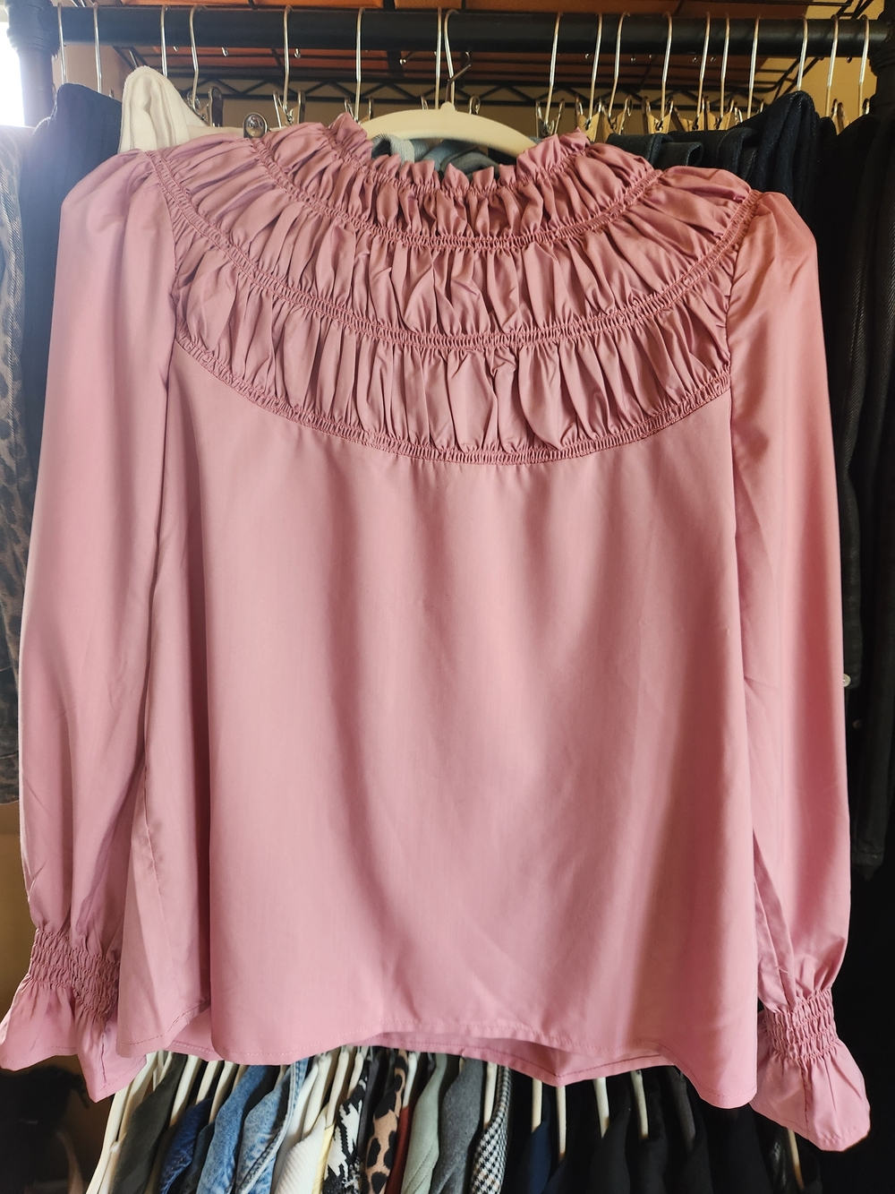 Smocked Yoke Long-Sleeve Blouse in Dusty Pink